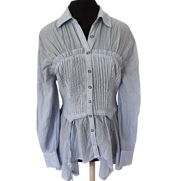 Pilcro Corset Buttondown Blouse Blue and White Size Small - Picture 5 of 13